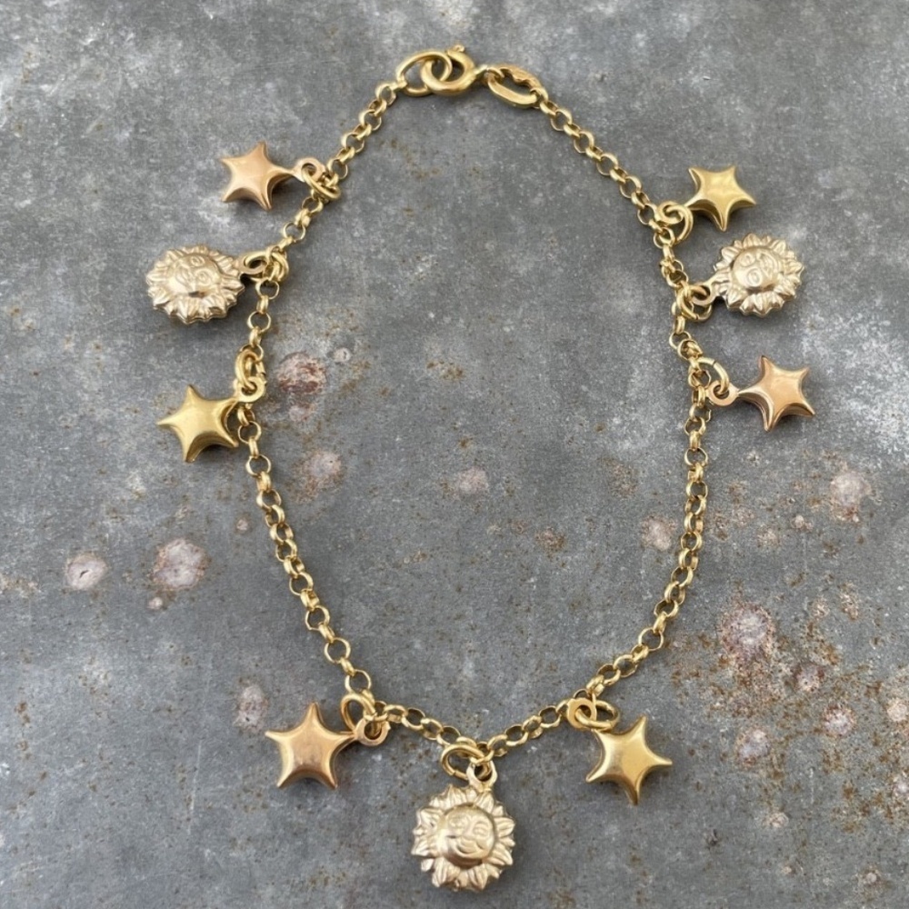 Vintage 18k Yellow Gold Celestial Charm Bracelet Sun Star 6.73g Italy